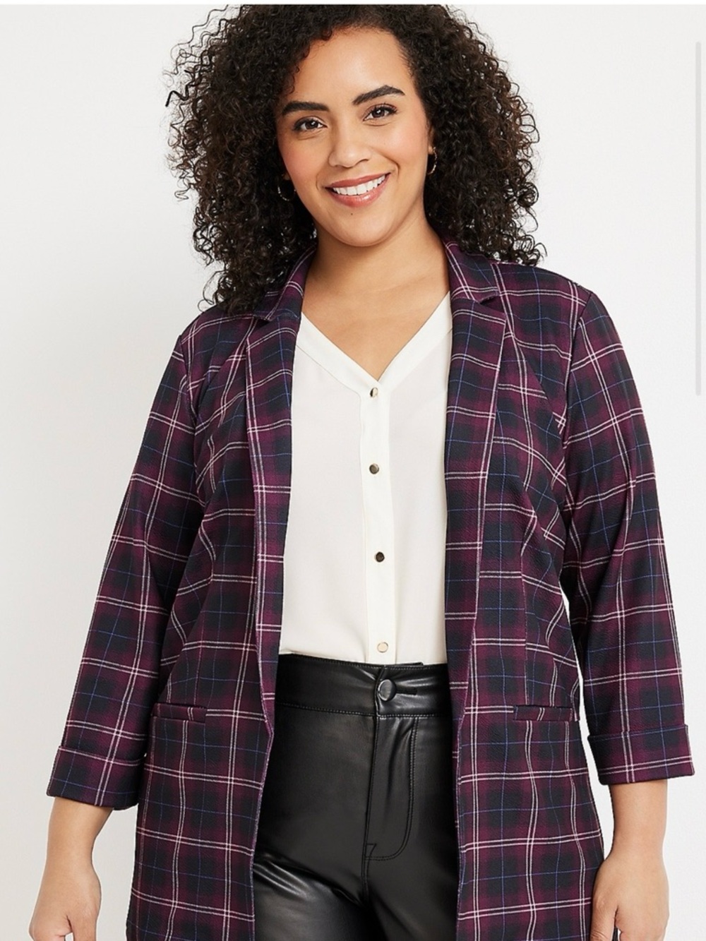 Maurices Burgundy Plaid Open-Front Blazer with Navy & Pink Accents